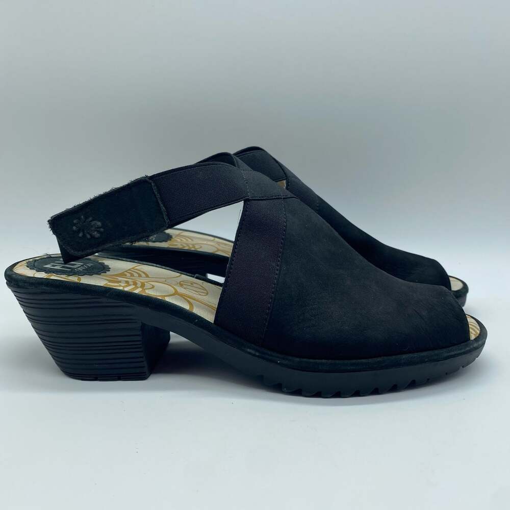 FLY London Wato Black Peep Toe Slingback Heel Sandal Shoes Suede Women 40 / 9.5